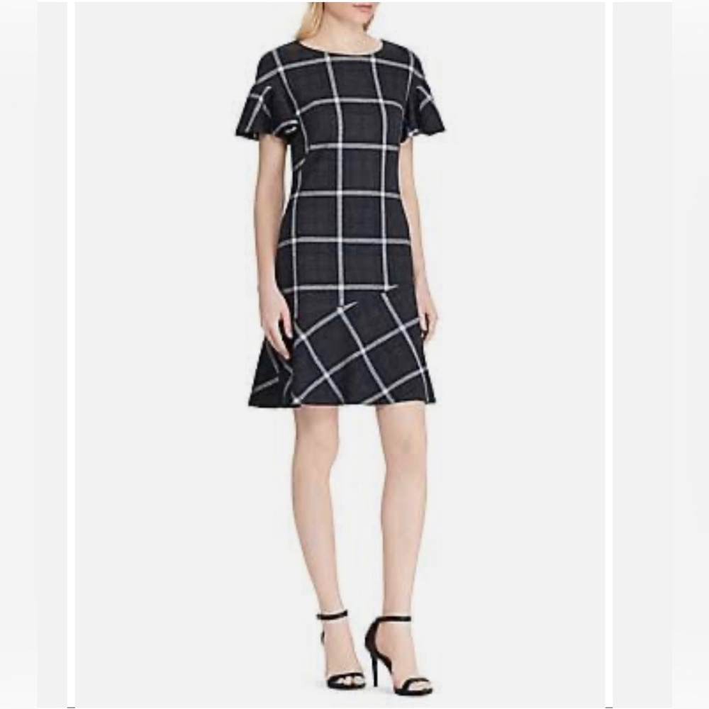 Ralph Lauren Plaid Fit & Flare Mini Dress | Black Gray White | Size 12 | NWT